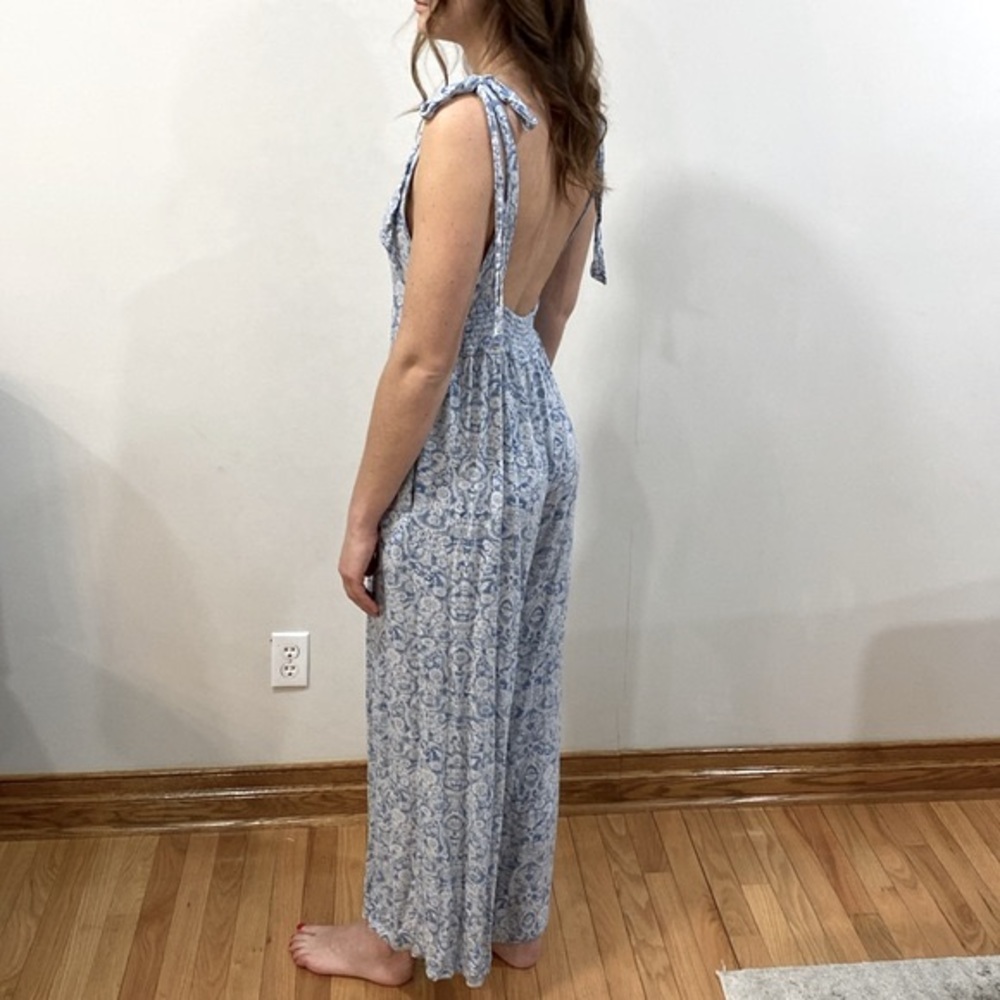 Free People Backless Blue/White Floral Jumpsuit